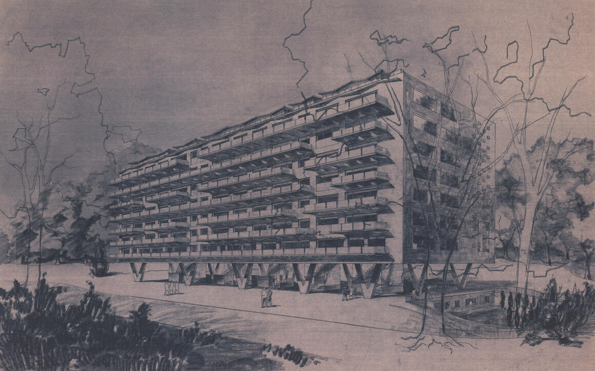 Sta. Jasinski, Perspective pour le projet d’immeuble à appartements Eden Green, av. de l’Observatoire à Uccle, 1960.<br> &copy; CIVA COLLECTIONS	