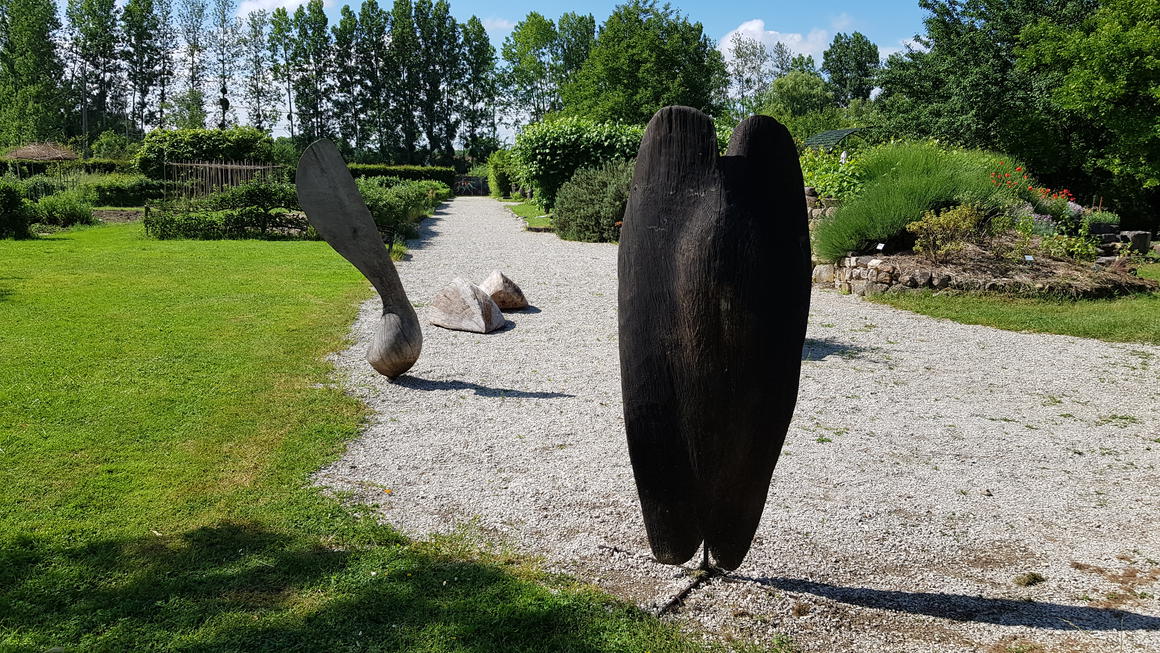 Les sculptures-graines de Didier Rousseau-Navarre dans un jardin<br>	