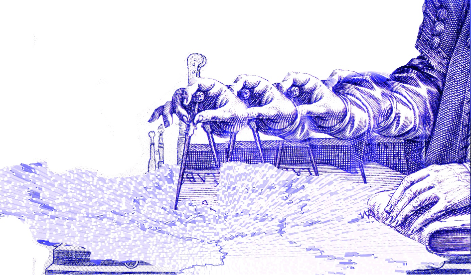 drawing of multiple hands holding a compass<br> &copy; Belgica, territoires d’impressions - Mandana Bafghinia	