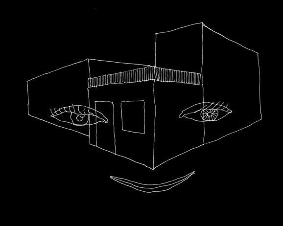 dessin d'une maison avec un visage<br>	