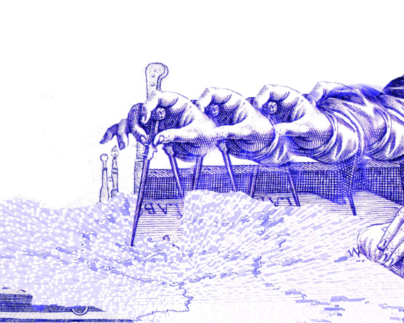 drawing of multiple hands holding a compass